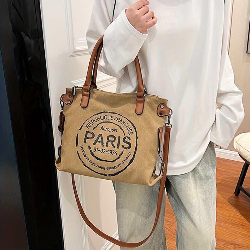 Vintage Paris Shoulder Bag, Retro Crossbody Bag with Removable Strap, Lightweight Casual Fashion Tote for High School And College Students, Daily Commute Work Handbag, Shopping Carry-On with Zipper Closure, Polyester Lining,